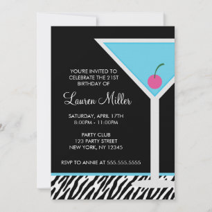 Blue Martini and Zebra Pattern Invitation