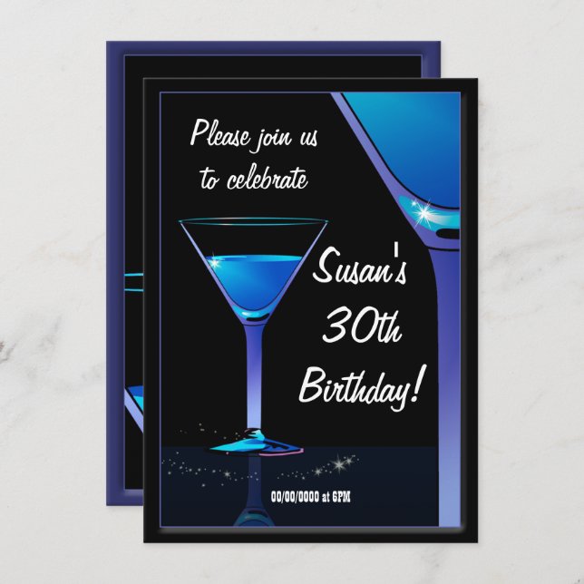 Blue Martini Cocktail Birthday Party Invitation (Front/Back)