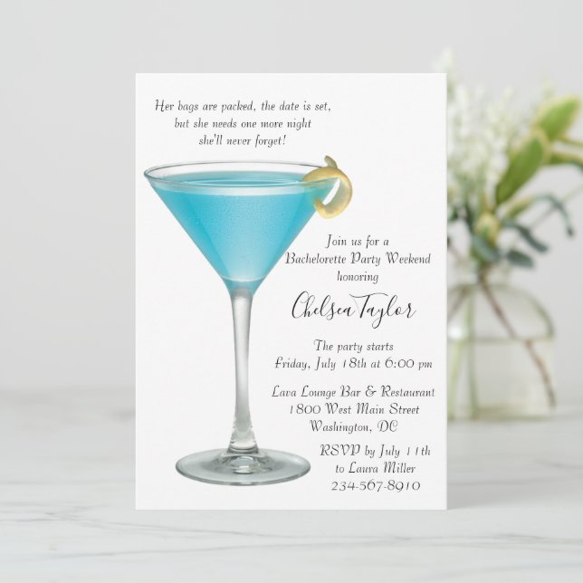 Blue Martini Cocktail Hour Bachelorette Party Invitation (Standing Front)
