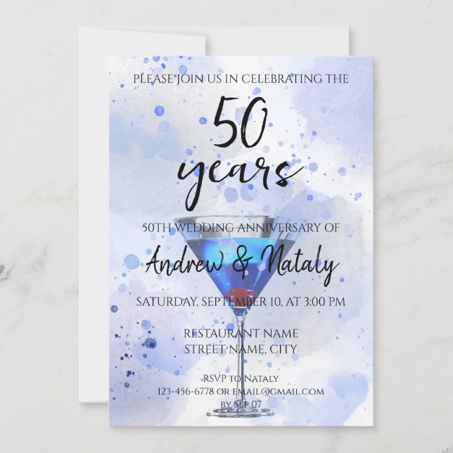 Blue martini cocktail on white invitation (Front)