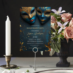 Blue Mask Masquerade Party Birthday Invitation