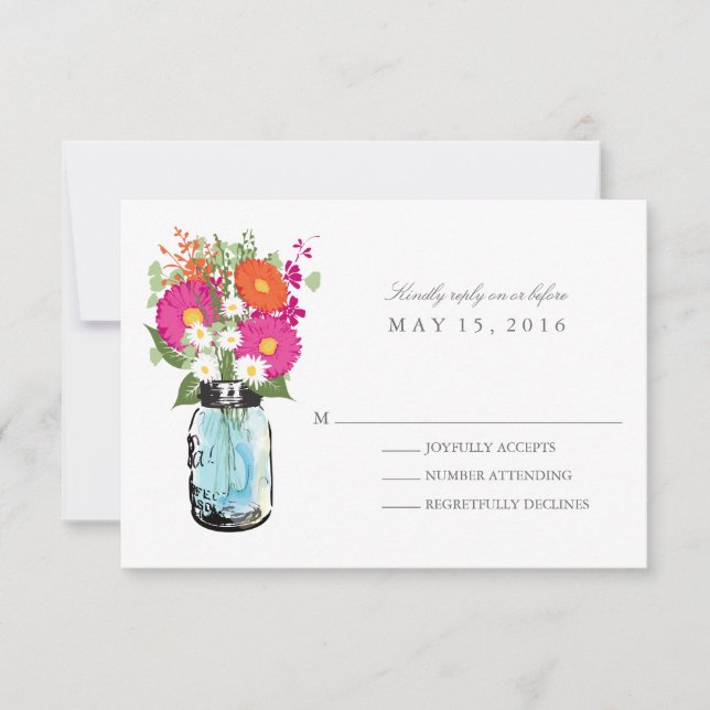 Blue Mason Jar and Gerber Daisies RSVP (Front)