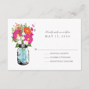 Blue Mason Jar and Gerber Daisies RSVP Card