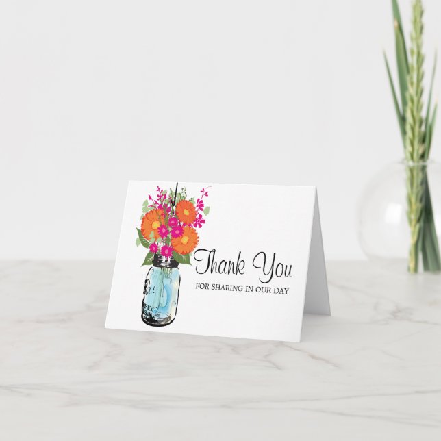 Blue Mason Jar and Gerber Daisies Thank You Card (Front)