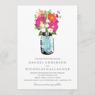 Blue Mason Jar and Gerber Daisies Wedding Invitation