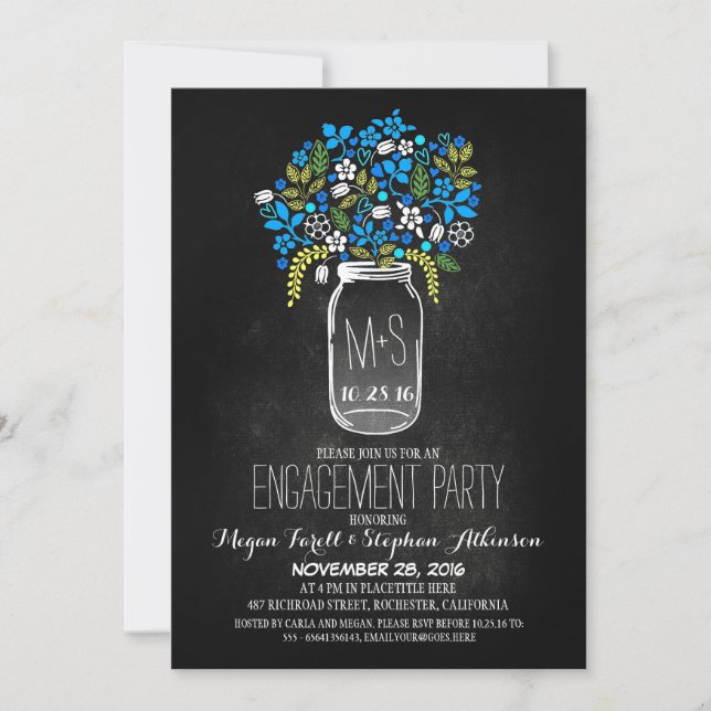blue mason jar chalkboard engagement party invites (Front)