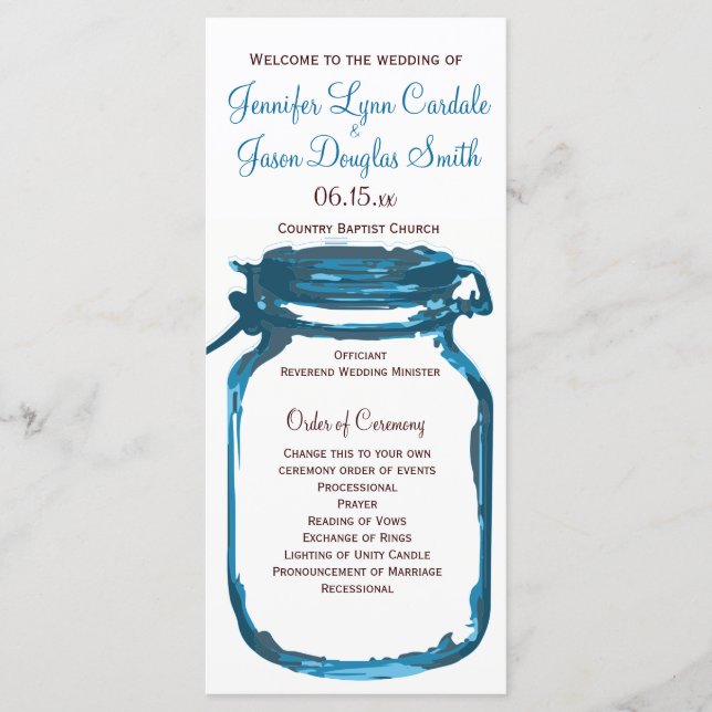 Blue Mason Jar Country Wedding Programs Programme (Front)