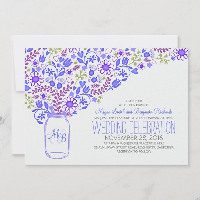 blue mason jar cute flowers wedding invitations (Front)