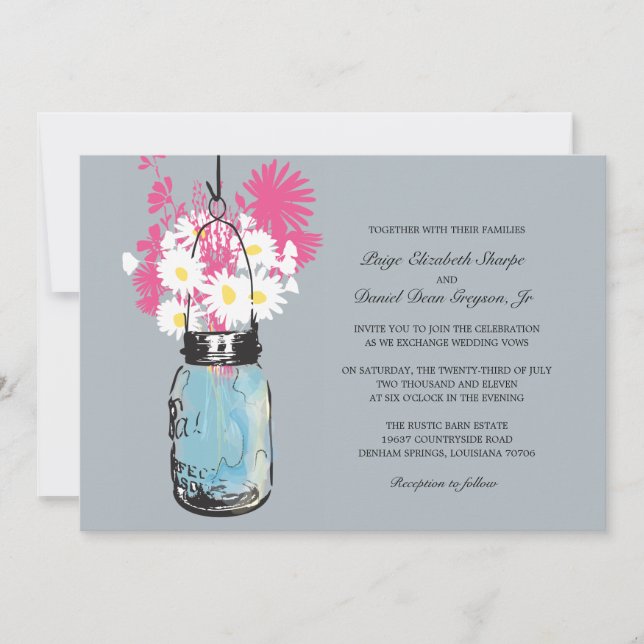Blue Mason Jar Daisies and Wildflowers Wedding Invitation (Front)
