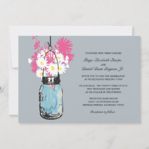 Blue Mason Jar Daisies and Wildflowers Wedding Invitation