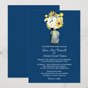 Blue Mason Jar Daisies Yellow Sunflowers Wedding Invitation