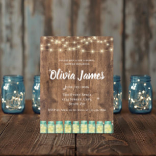 Blue Mason Jar & Fairy Lights Bridal Shower Invitation