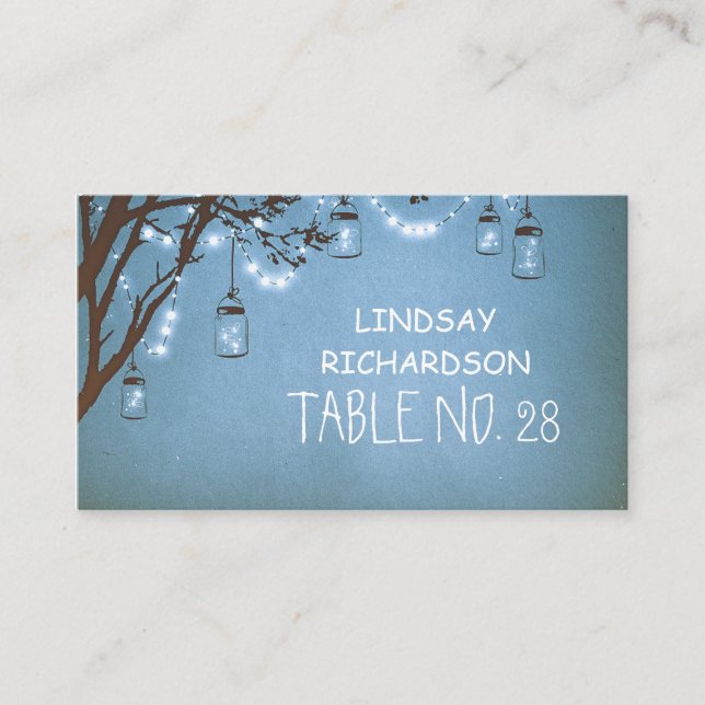 Blue Mason Jar Fireflies String Lights Escort Place Card (Front)