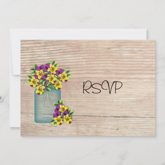 Blue Mason Jar Pansies Reception RSVP Invitation (Front)