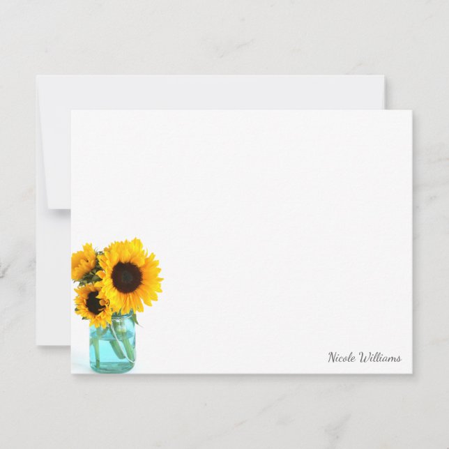 Blue Mason Jar Sunflowers Personalised Stationery Card (Front)