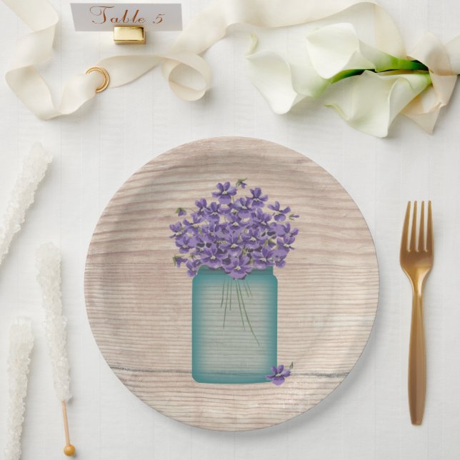 Blue Mason Jar Violets  Paper Plate (Wedding)