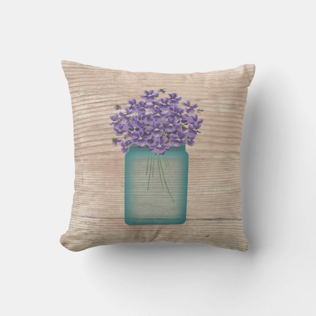 Blue Mason Jar Violets Pillow (Front)