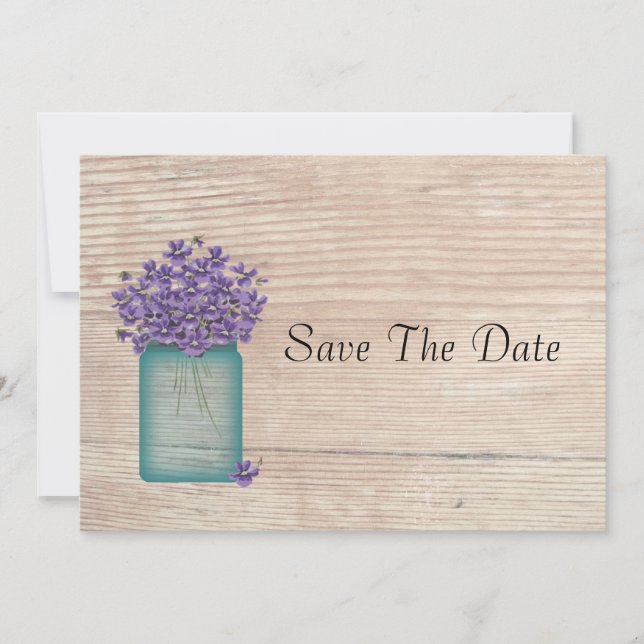 Blue Mason Jar Violets Save The Date (Front)