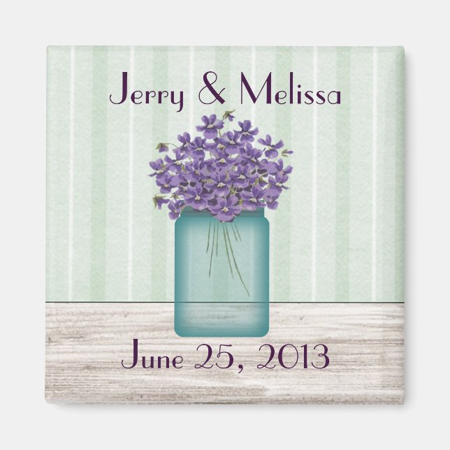 Blue Mason Jar Violets Wedding Favour Magnet (Front)