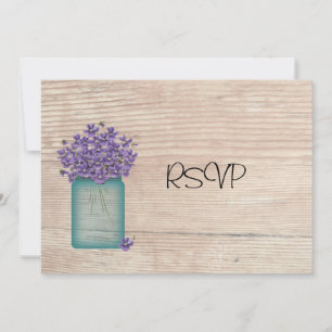 Blue Mason Jar Violets Wedding Reception RSVP Invitation