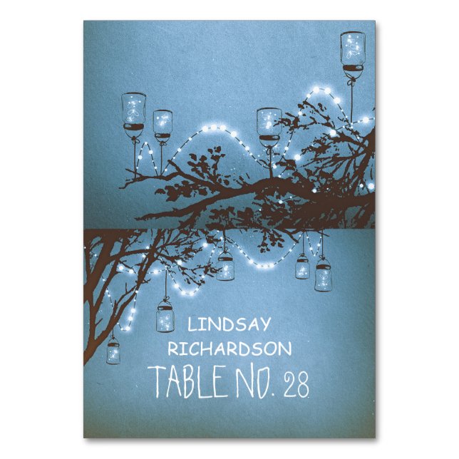Blue Mason Jars String Lights Place Cards (Front)