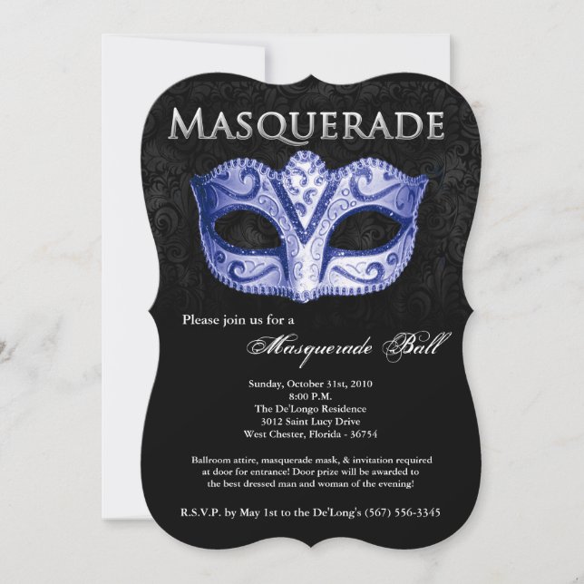 Blue Masquerade Ball Mask Costume Halloween Part Invitation (Front)