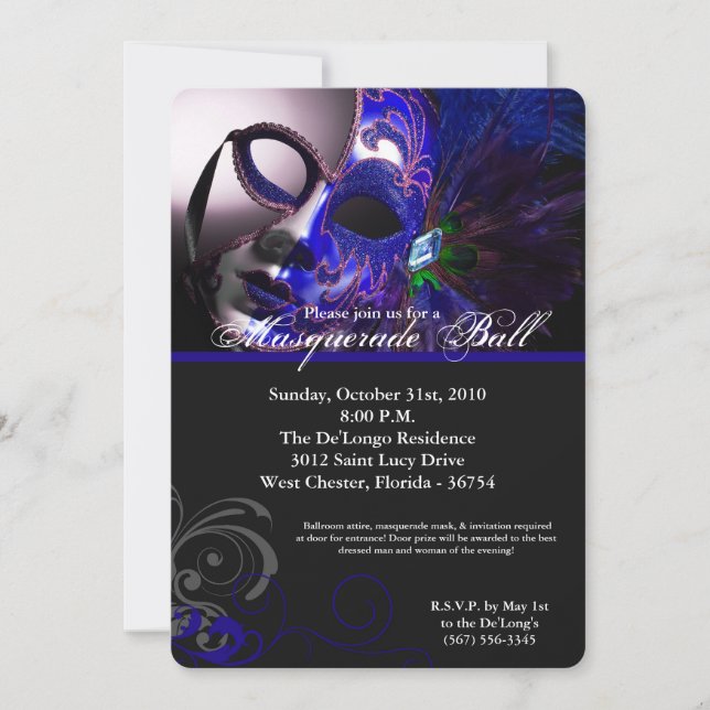 Blue Masquerade Ball Mask Costume Halloween Part Invitation (Front)