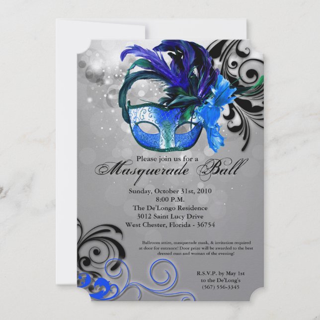 Blue Masquerade Ball Mask Costume Halloween Part Invitation (Front)