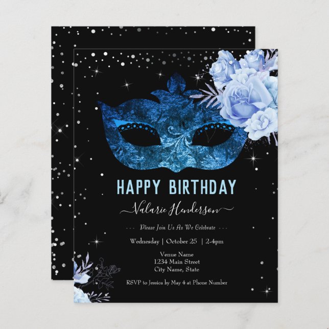 Blue Masquerade Birthday Party Invitation (Front/Back)
