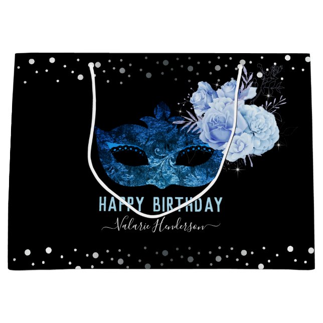 Blue Masquerade Birthday Party Large Gift Bag (Front)
