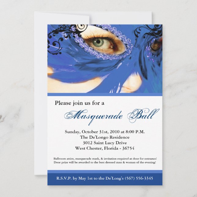 Blue Masquerade Mask Ball Costume Halloween Invitation (Front)