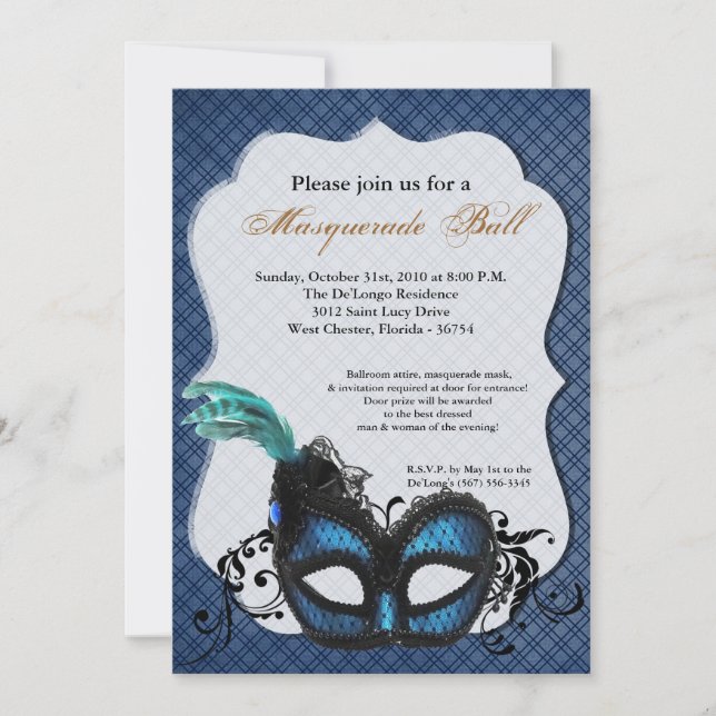 Blue Masquerade Mask Ball Costume Halloween Invitation (Front)