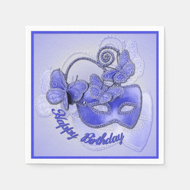 Blue Masquerade Mask Birthday Napkins (Front)