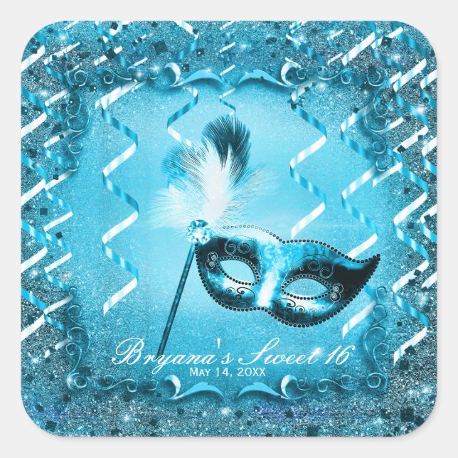 Blue Masquerade Mask Elegant Ball Party Square Sticker (Front)