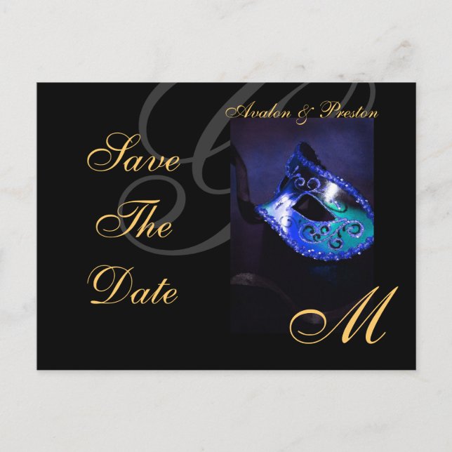Blue Masquerade Mask Save The Date Postcard (Front)