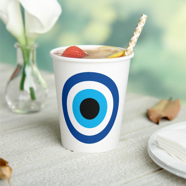 Blue Mati Evil Eye symbol paper cups for party (Insitu)
