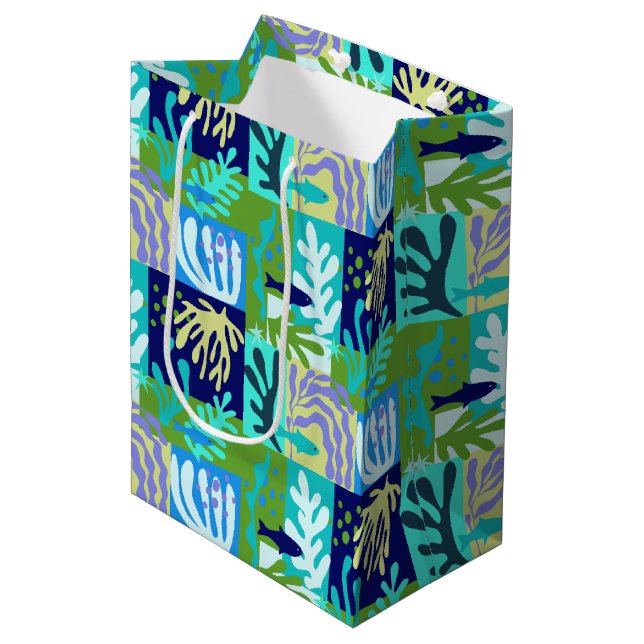 Blue Matisse Paper Cutouts Inspired Ocean Life Medium Gift Bag (Front Angled)
