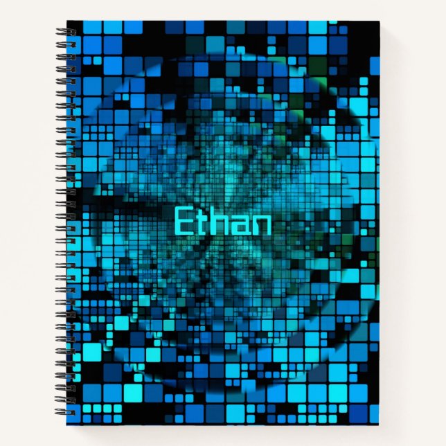Blue Matrix Pixel Vortex | Personalised Notebook (Front)