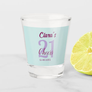 blue mauve cheers 21st birthday add name date shot glass