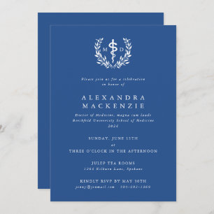 Blue MD Asclepius + Laurel Wreath Graduation Invitation