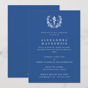 Blue MD Asclepius + Laurel Wreath Graduation Invitation