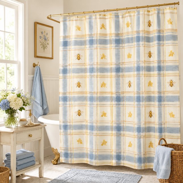 Blue Meadow Honeybee Plaid Charming Shower Curtain (Creator Uploaded)