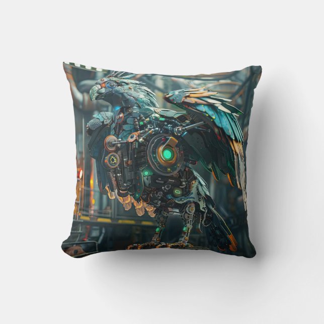Blue mechanical phoenix bird cushion (Front)