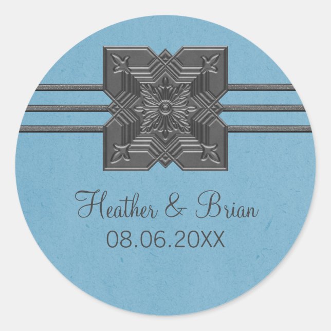 Blue Medallion Border Wedding Stickers (Front)