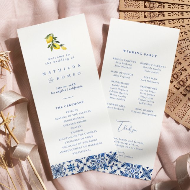 Blue medditeranean tile & citrus Wedding Programs Programme (Creator Uploaded)