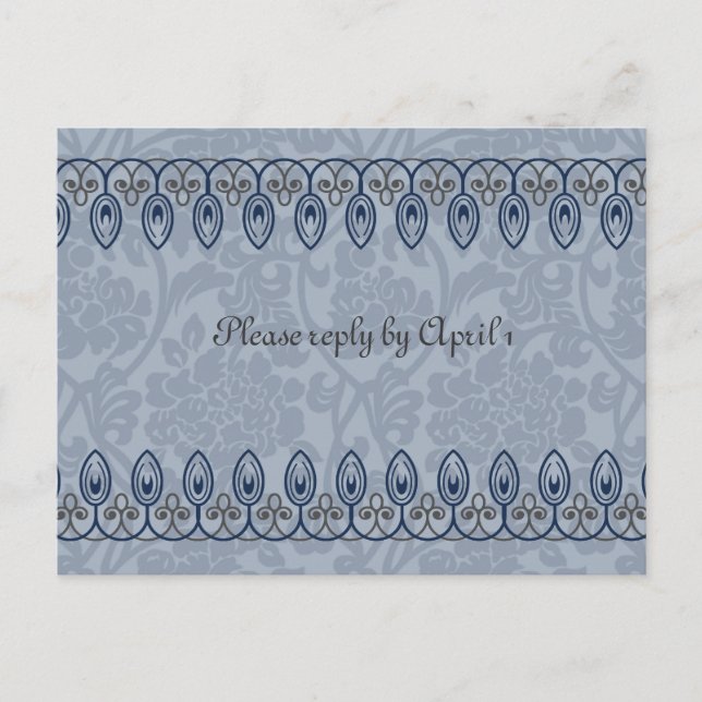 Blue Mediaeval Brocade rsvp Invitation Postcard (Front)