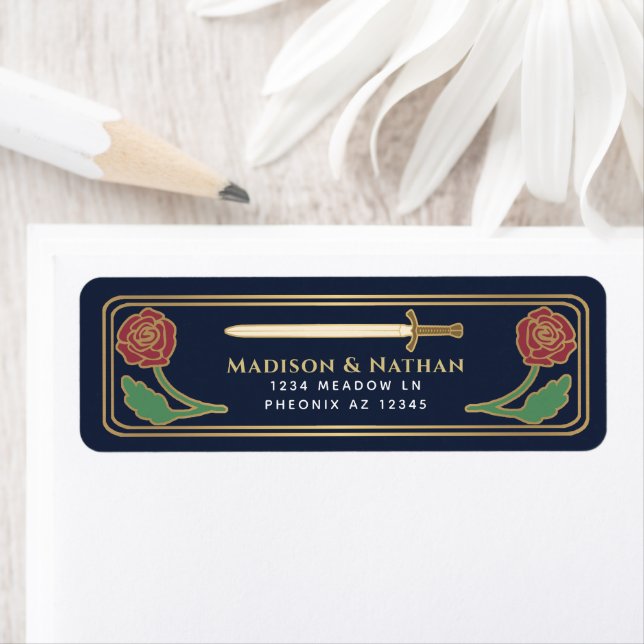 Blue Mediaeval Fantasy Gold Sword Wedding Label (Insitu)