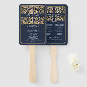 Blue Mediaeval Gold Sword Royal Wedding Program Hand Fan
