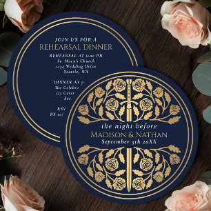 Blue Mediaeval Gold Sword Royal Wedding Rehearsal Invitation