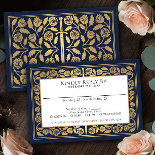 Blue Mediaeval Gold Sword Royal Wedding RSVP Card
